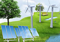 Fictief modern landschap met windmolens en zonnepanelen