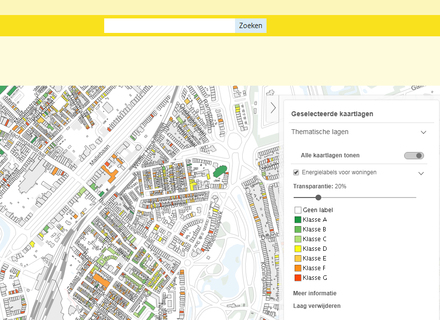 Schermweergave van kaartviewer met aanpassingsmogelijkheden per kaart