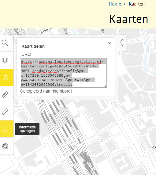 Schermweergave van kaartviewer met tools kaart delen en informatie opvragen
